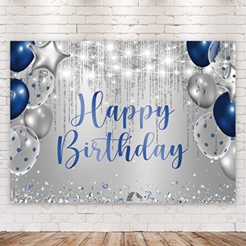 Navy Blue Silver Happy Birthday Backdrop for Kids