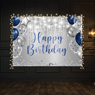 Navy Blue Silver Happy Birthday Backdrop for Kids