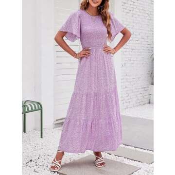 ZESICA Women's 2025 Summer Casual Floral Print Short Flutter Sleeve Crew Neck Smocked High Waist Flo...