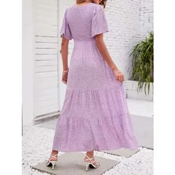 ZESICA Women's 2025 Summer Casual Floral Print Short Flutter Sleeve Crew Neck Smocked High Waist Flowy Maxi Dress,Purple,X-Large