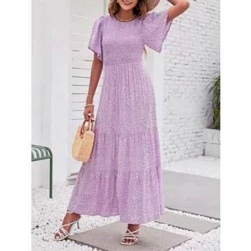 ZESICA Women's 2025 Summer Casual Floral Print Short Flutter Sleeve Crew Neck Smocked High Waist Flowy Maxi Dress,Purple,X-Large