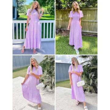 ZESICA Women's 2025 Summer Casual Floral Print Short Flutter Sleeve Crew Neck Smocked High Waist Flowy Maxi Dress,Purple,X-Large