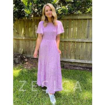 ZESICA Women's 2025 Summer Casual Floral Print Short Flutter Sleeve Crew Neck Smocked High Waist Flowy Maxi Dress,Purple,X-Large