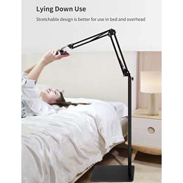 BluuSuuk Tablet Floor Stand with Double Weight Base, Overhead Bed Phone Mount Height Adjustable Arm ...