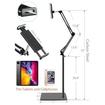 BluuSuuk Tablet Floor Stand with Double Weight Base, Overhead Bed Phone Mount Height Adjustable Arm Stretchable Stand Holder, Compatible with iPad Mini Air Pro, Galaxy Tab, Kindle, Switch, Cell Phones