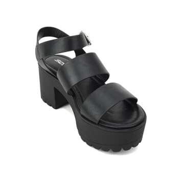Soda ACCOUNT ~ Women Open Toe Two Bands Lug sole Fashion Heel Sandals with Adjustable Ankle Strap (Black, numeric_8_point_5)