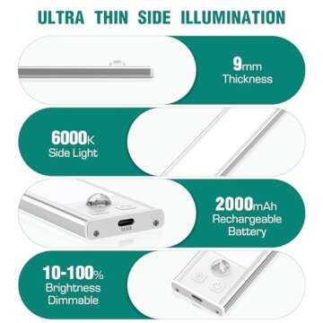 2 Pack Under Cabinet Lights, 52 LED Cold White Rechargeable Under Cabinet Lighting Motion Sensor LED...
