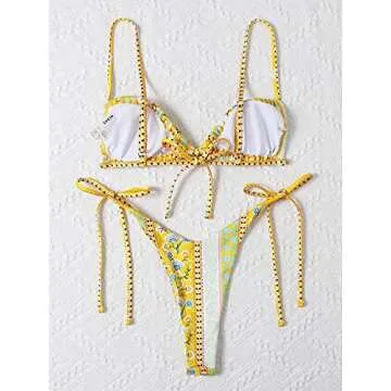 WDIRARA Women's Floral Print Tie Side Swimwear Straps Bikini Sets Swimsuits Yellow XS