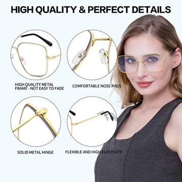 Oversized Gold Square Metal Reading Glasses Blue Light Blocking