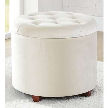 Ornavo Home Decor Round Ottoman with Storage, Round Vanity Chair Stool Ottoman Pouf with Storage for Living Room and Bedroom, Velvet Cream