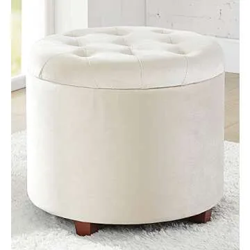 Ornavo Home Decor Round Ottoman with Storage, Round Vanity Chair Stool Ottoman Pouf with Storage for Living Room and Bedroom, Velvet Cream