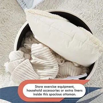 Ornavo Home Decor Round Ottoman with Storage, Round Vanity Chair Stool Ottoman Pouf with Storage for Living Room and Bedroom, Velvet Cream