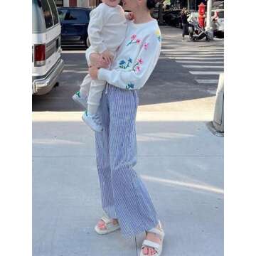 Women Y2k Striped Print Pants Casual Loose Fit High Waist Wide Leg Drawstring Pop Pants Vintage Streetwear Lounge Pants Blue