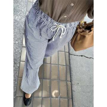 Women Y2k Striped Print Pants Casual Loose Fit High Waist Wide Leg Drawstring Pop Pants Vintage Streetwear Lounge Pants Blue