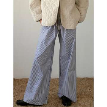 Women Y2k Striped Print Pants Casual Loose Fit High Waist Wide Leg Drawstring Pop Pants Vintage Streetwear Lounge Pants Blue