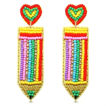 Boderier Teacher Earrings Beaded Apple ABC Pencil Dangle Earrings Preppy Colorful Beaded Earrings Te...