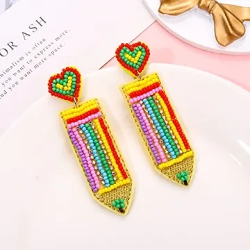 Boderier Teacher Earrings Beaded Apple ABC Pencil Dangle Earrings Preppy Colorful Beaded Earrings Teacher Appreciation Gifts Jewelry Heart Pencil