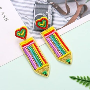 Boderier Teacher Earrings Beaded Apple ABC Pencil Dangle Earrings Preppy Colorful Beaded Earrings Teacher Appreciation Gifts Jewelry Heart Pencil