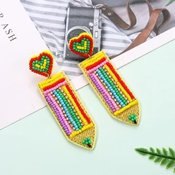 Boderier Teacher Earrings Beaded Apple ABC Pencil Dangle Earrings Preppy Colorful Beaded Earrings Teacher Appreciation Gifts Jewelry Heart Pencil