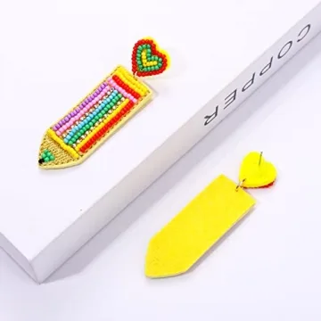 Boderier Teacher Earrings Beaded Apple ABC Pencil Dangle Earrings Preppy Colorful Beaded Earrings Teacher Appreciation Gifts Jewelry Heart Pencil