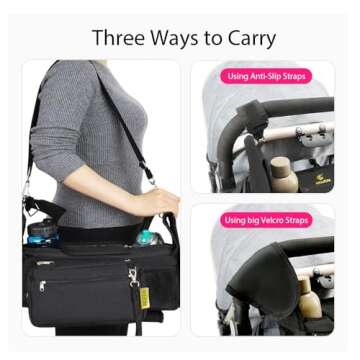 HUJOM Universal Stroller Organizer with Insulated Cup Holders, Shoulder Strap, Phone Bag and Wipes P...