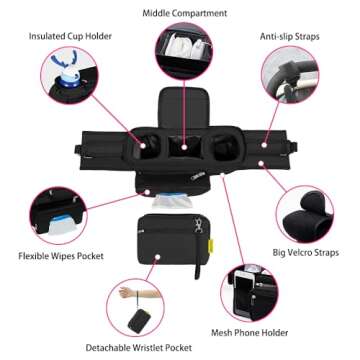 HUJOM Universal Stroller Organizer with Insulated Cup Holders, Shoulder Strap, Phone Bag and Wipes Pocket. Caddy Fits Uppababy, Baby Jogger, Britax, BOB. Must have Stroller Accessories.