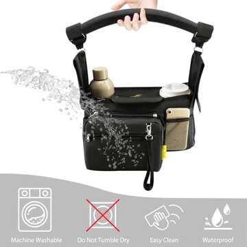 HUJOM Universal Stroller Organizer with Insulated Cup Holders, Shoulder Strap, Phone Bag and Wipes Pocket. Caddy Fits Uppababy, Baby Jogger, Britax, BOB. Must have Stroller Accessories.
