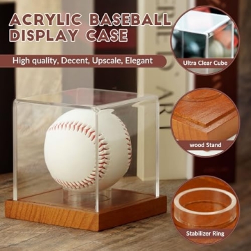 JupDec Baseball Display Case, Clear Cube Baseball Holder with Wooden Base, Autograph Baseball Stand Box for Single Ball, Acacia Wood, Brown, 1 Pack