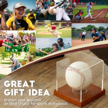 JupDec Baseball Display Case, Clear Cube Baseball Holder with Wooden Base, Autograph Baseball Stand Box for Single Ball, Acacia Wood, Brown, 1 Pack