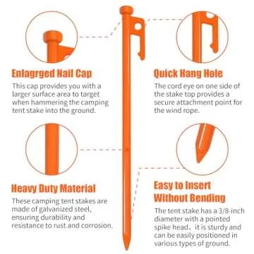 Eurmax USA 10 inch Multiuse Heavy Duty Steel Tent Stakes Tarp Pegs Camping Stakes for Outdoor Camping Canopy and tarp with 4 Ropes 10FT Length,8pcs(Orange)