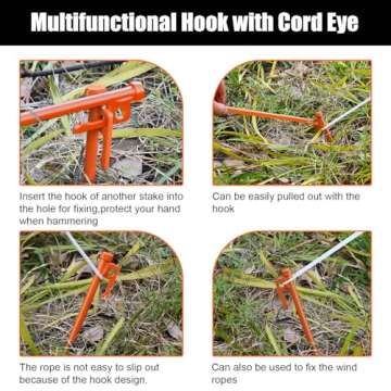 Eurmax USA 10 inch Multiuse Heavy Duty Steel Tent Stakes Tarp Pegs Camping Stakes for Outdoor Camping Canopy and tarp with 4 Ropes 10FT Length,8pcs(Orange)