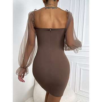 Floerns Women's Sweetheart Neck Mesh Sheer Ruffle Long Sleeve Bodycon Mini Dress Mocha Brown M