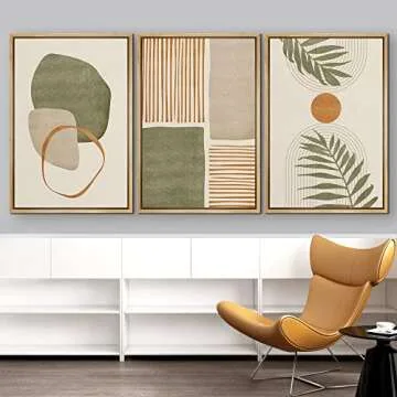 IDEA4WALL Framed Canvas Print Wall Art Set Geometric Mid-Century Green Polygon Tropical Leaves Abstract Shapes Illustrations Modern Art Nordic for Living Room, Bedroom, Office - 24"x36"x3 Natural