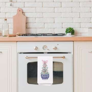 SPBL&L Chinoiserie Christmas Kitchen Towels, Pink Bow Christmas Tree Hand Towels for Bathroom, Blue ...