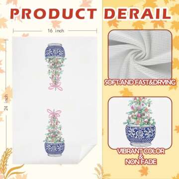 SPBL&L Chinoiserie Christmas Kitchen Towels, Pink Bow Christmas Tree Hand Towels for Bathroom, Blue and White Porcelain Chinoiserie Christmas Dish Towels, Christmas Kitchen Bathroom Decor, 16x24 Inch