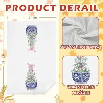 SPBL&L Chinoiserie Christmas Kitchen Towels, Pink Bow Christmas Tree Hand Towels for Bathroom, Blue and White Porcelain Chinoiserie Christmas Dish Towels, Christmas Kitchen Bathroom Decor, 16x24 Inch