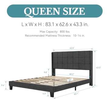 HOOMIC Queen Size Wingback Bed Frame with Square Stitched Headboard, Fabric Upholstered Platform, St...