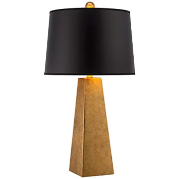 Possini Euro Design Obelisk Modern Table Lamp 26" High Gold Leaf Tapered Column Black Paper Drum Sha...