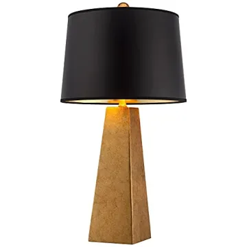 Possini Euro Design Obelisk Modern Table Lamp 26" High Gold Leaf Tapered Column Black Paper Drum Shade Decor for Bedroom Living Room House Home Bedside Nightstand Office Entryway Kids Family