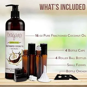 Fractionated Coconut Oil with Roller Bottles - 16 Oz Coconut Oil, 10ml Essential Oil Roller Bottles, Caps, Funnel and Bottle Opener - Carrier Oil for Essential Oils Mixing