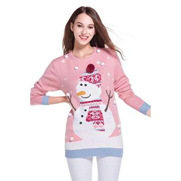 Women's Ugly Christmas Sweater Pom Pom Snowman Snowflakes Pullover Party Costume (X Small, 3D Hat)