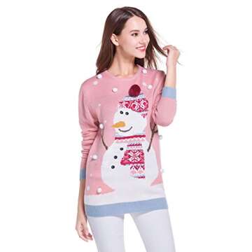 Women's Ugly Christmas Sweater Pom Pom Snowman Snowflakes Pullover Party Costume (X Small, 3D Hat)