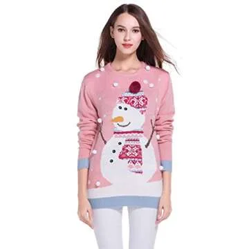 Women's Ugly Christmas Sweater Pom Pom Snowman Snowflakes Pullover Party Costume (X Small, 3D Hat)