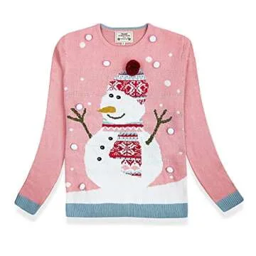 Women's Ugly Christmas Sweater Pom Pom Snowman Snowflakes Pullover Party Costume (X Small, 3D Hat)