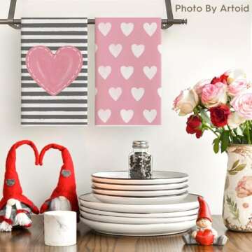 Artoid Mode Pink Heart Stripe I Love You Valentine's Day Kitchen Towels Dish Towels, 18x26 Inch Anniversary Wedding Decoration Hand Towels Set of 4