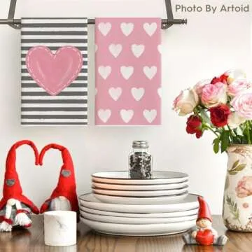 Artoid Mode Pink Heart Stripe I Love You Valentine's Day Kitchen Towels Dish Towels, 18x26 Inch Anniversary Wedding Decoration Hand Towels Set of 4