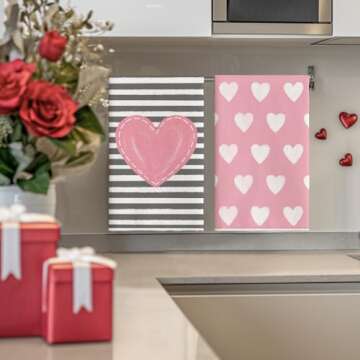 Artoid Mode Pink Heart Stripe I Love You Valentine's Day Kitchen Towels Dish Towels, 18x26 Inch Anniversary Wedding Decoration Hand Towels Set of 4