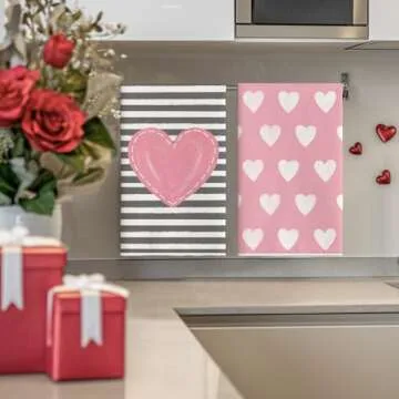 Artoid Mode Pink Heart Stripe I Love You Valentine's Day Kitchen Towels Dish Towels, 18x26 Inch Anniversary Wedding Decoration Hand Towels Set of 4