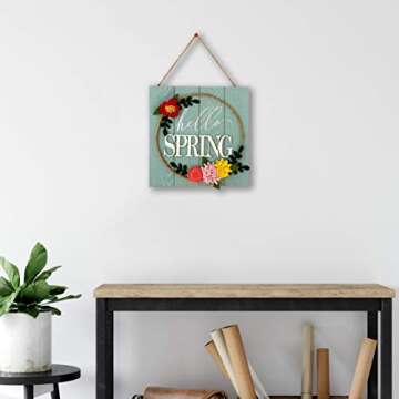 HOMirable Spring Wall Decor Home Hanging Sign 3D Fabric Flowers Wall Plaque Hello Spring Wreath Wood...
