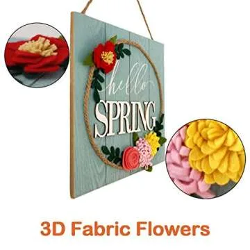 HOMirable Spring Wall Decor Home Hanging Sign 3D Fabric Flowers Wall Plaque Hello Spring Wreath Wooden Door Sign Rustic Vintage Farmhouse Decoration Gift for Kitchen Living Dinning Room Bedroom